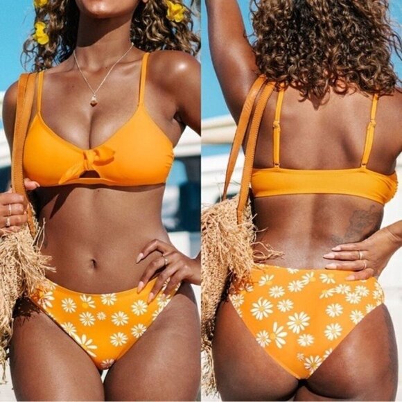 NWT Orange Bikini Set Size Medium White Floral Printed Bathing Suit - Picture 1 of 7